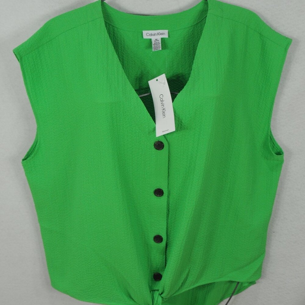 Share Calvin Klein Womens Shirt 1X Summer Green V-Neck Tie Waist Button Top